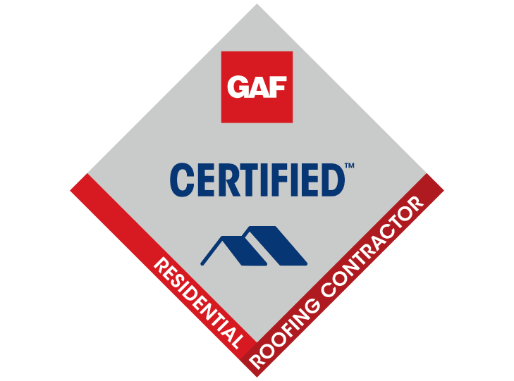 A diamond-shaped logo featuring a red square at the top with "GAF" in white text, followed by "CERTIFIED" in blue, and a blue abstract roof icon below. The bottom sides read "RESIDENTIAL ROOFING CONTRACTOR" in white text against a red background.