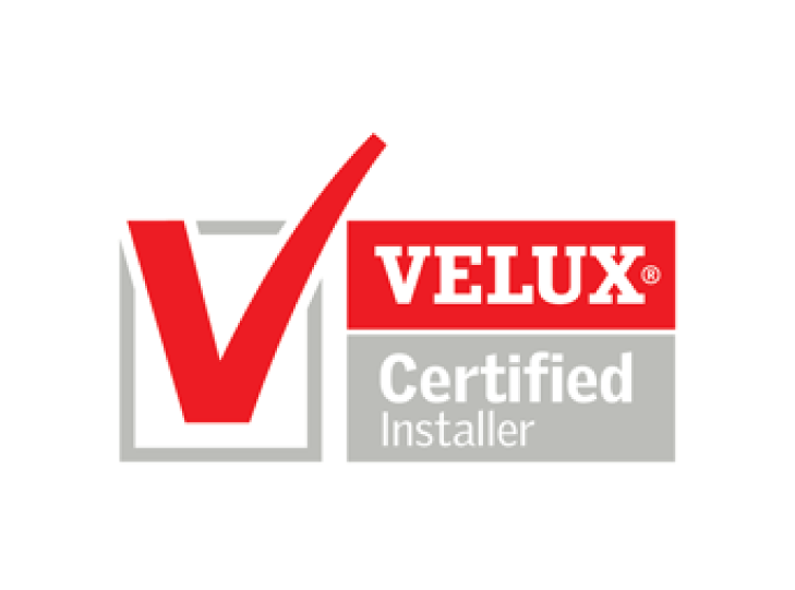 Logo featuring a large red checkmark inside a white box on a gray background, accompanied by the text "VELUX Certified Installer" where "VELUX" is in a red box with white text, and "Certified Installer" is in white text on a gray box.