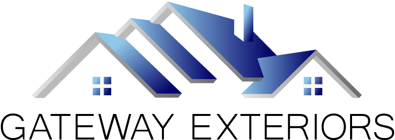 Logo for Gateway Exteriors featuring a stylized blue and gray roof design above the text “Gateway Exteriors.” The roof includes two sloped elements, each with a blue square and a white cross design within.