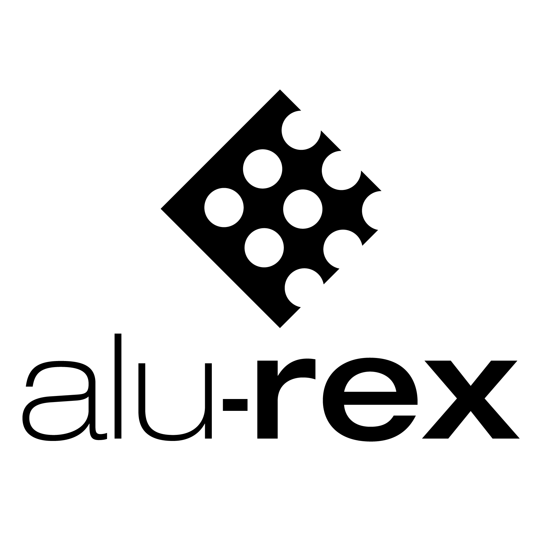 The image displays the Alu-Rex logo, featuring a black diamond shape with perforations reminiscent of a film strip above the text "alu-rex" in a modern lowercase font, often seen in quality eavestrough installations.