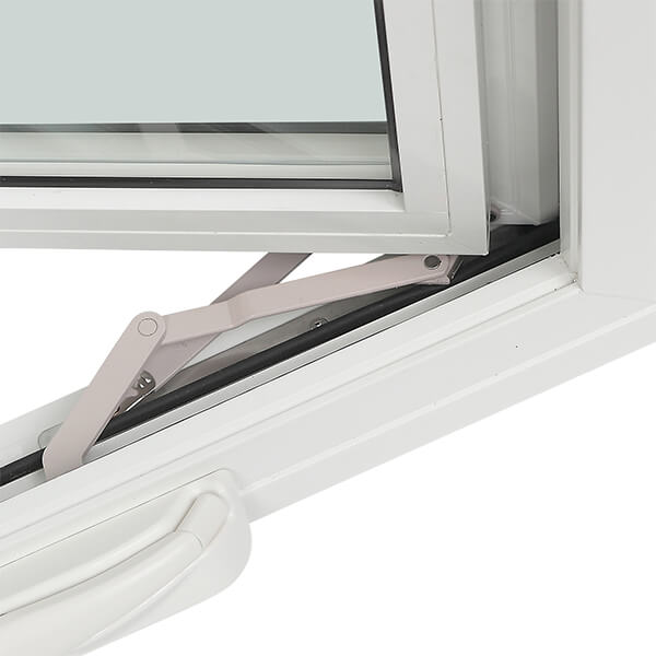 Close-up view of a vinyl window replacement showing its hinge mechanism and handle. The window is partially open, revealing the metal arm and components that facilitate its operation.