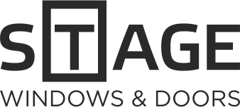 Logo for Stage Windows & Doors. "Stage" is written in uppercase with the "T" enclosed in a square, creating the appearance of a window. Below, the words "Windows & Doors" are written in smaller uppercase letters, reminiscent of Gateway Exteriors' sleek aesthetic. The logo is in black and white.