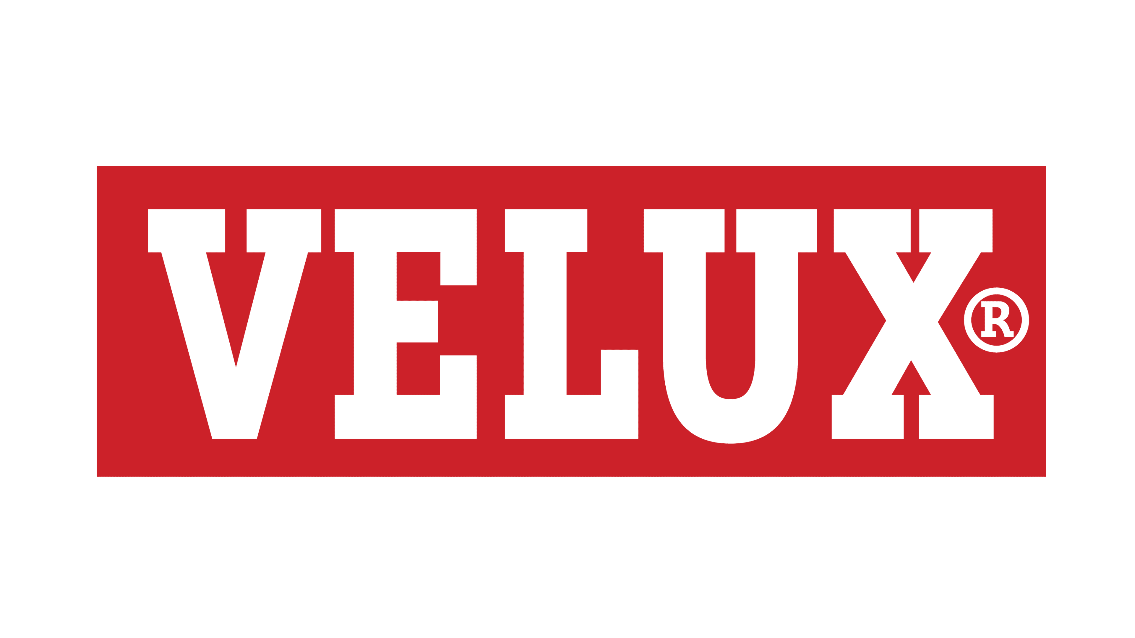 The image shows the VELUX logo, featuring white, bold uppercase letters spelling "VELUX" on a red rectangular background. The trademark ® symbol is placed after the word "VELUX" on the top right side, making it perfect for Gateway Exteriors projects.