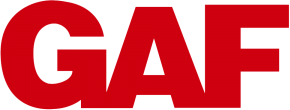 The image shows the logo of GAF, a major roofing materials manufacturer. The logo, prominently displayed by Gateway Exteriors, consists of the acronym "GAF" in bold, red, uppercase letters on a transparent background.