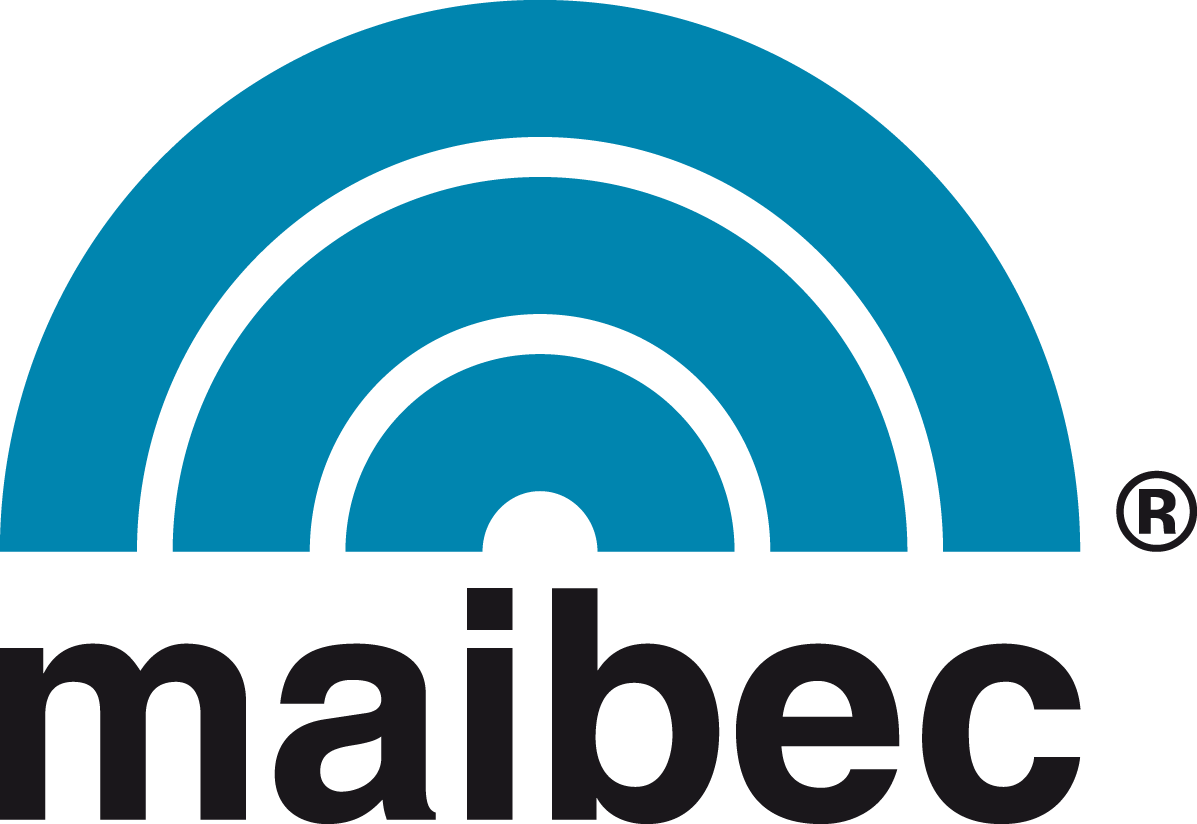 Logo of Maibec featuring three concentric blue arcs resembling a stylized rainbow or arch, above the word "maibec" written in lowercase black letters. A registered trademark symbol (®) is present to the upper right of the text, hinting at its affiliation with Gateway Exteriors.