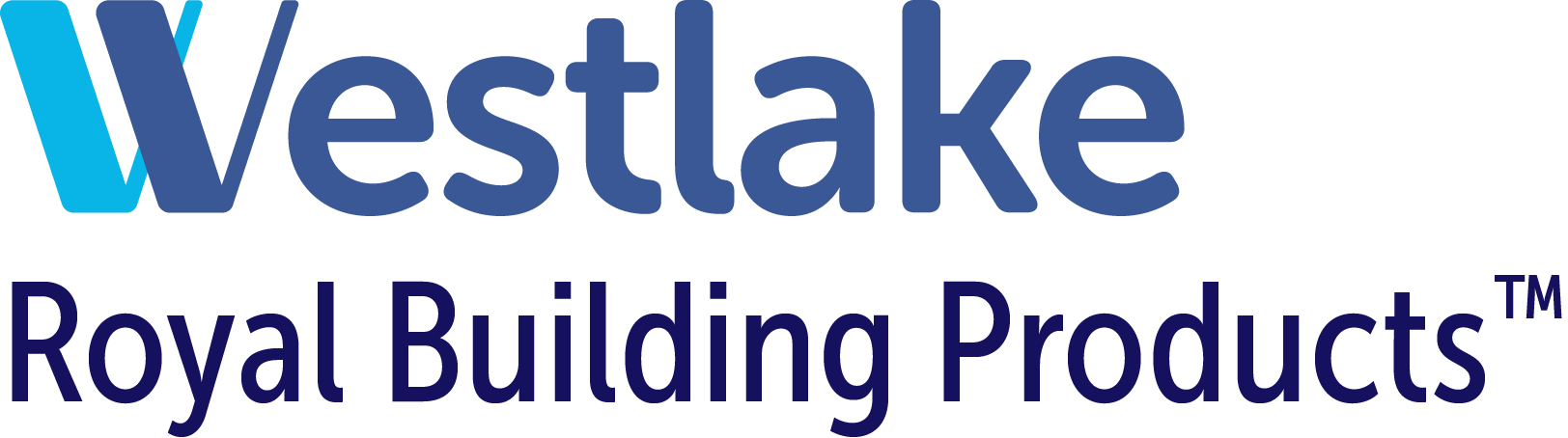 The image shows the logo of Westlake Royal Building Products. The word "Westlake" is written in large blue letters with a stylized "W" consisting of three shades of blue. Below it, "Royal Building Products" is written in dark blue letters, echoing the quality reminiscent of Gateway Exteriors' standards.