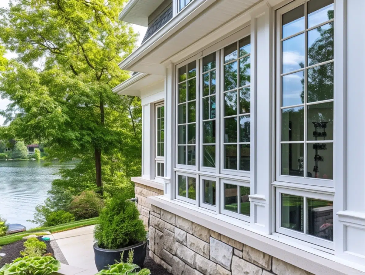 A close-up of a modern house's large vinyl window replacements with white frames and grid-style panes, overlooking a lush green landscape with trees and a lake in the background. The exterior features light-colored stonework, and there are potted plants near the building.