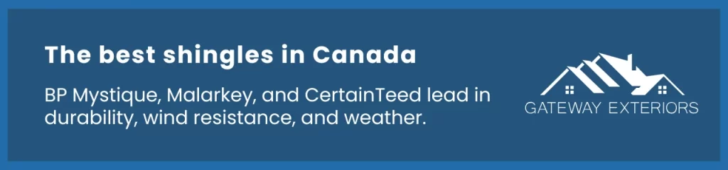 BP Mystique, Malarkey, and CertainTeed offer the best roof shingles in Canada, excelling in durability and weather resistance.