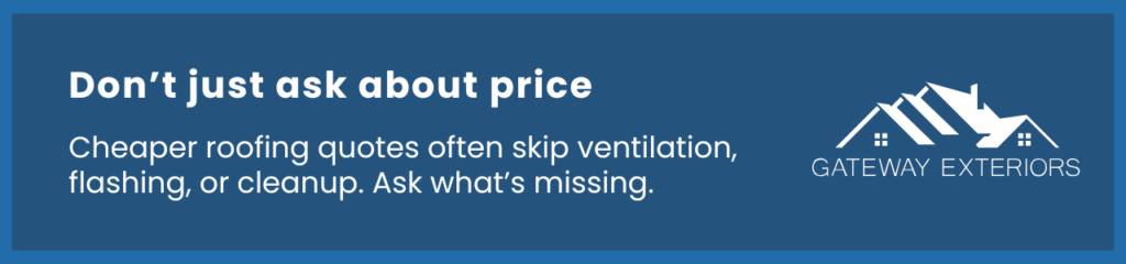 Callout graphic reminding homeowners that cheaper roofing quotes may skip essentials like ventilation or warranties. Emphasizes being cautious when hiring a roofer in Hamilton.
