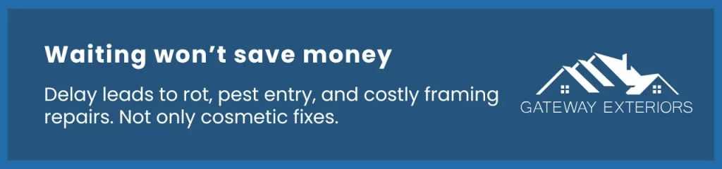 Callout showing that delaying repairs leads to costly structural issues, including rot and framing damage. Connects with the cost of waiting to replace your roof.