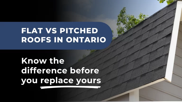 Image showing a pitched asphalt shingle roof under a sunny sky. Highlights the difference between flat vs pitched roofs for Ontario homeowners considering a roofing upgrade.