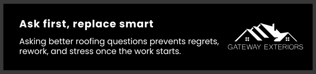 Closing banner encouraging homeowners to ask informed questions before hiring, helping them avoid regret and poor results when deciding how to choose a roofer.