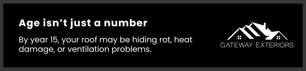 A callout card explaining that by year 15, hidden damage may be present prompting the question: do I need to replace my roof?