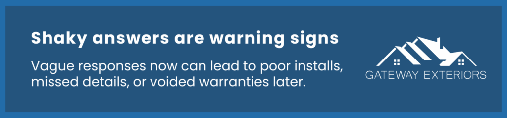 Visual warning about vague or evasive contractor answers during the quote process, helping homeowners identify roof contractor interview questions worth asking.