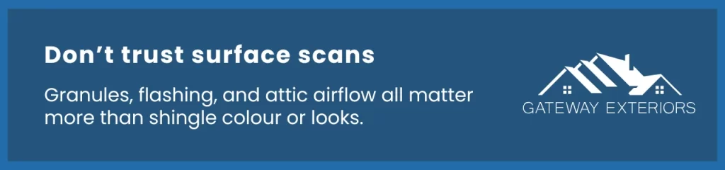 Visual reminder that how to check for roof damage goes beyond surface appearance.