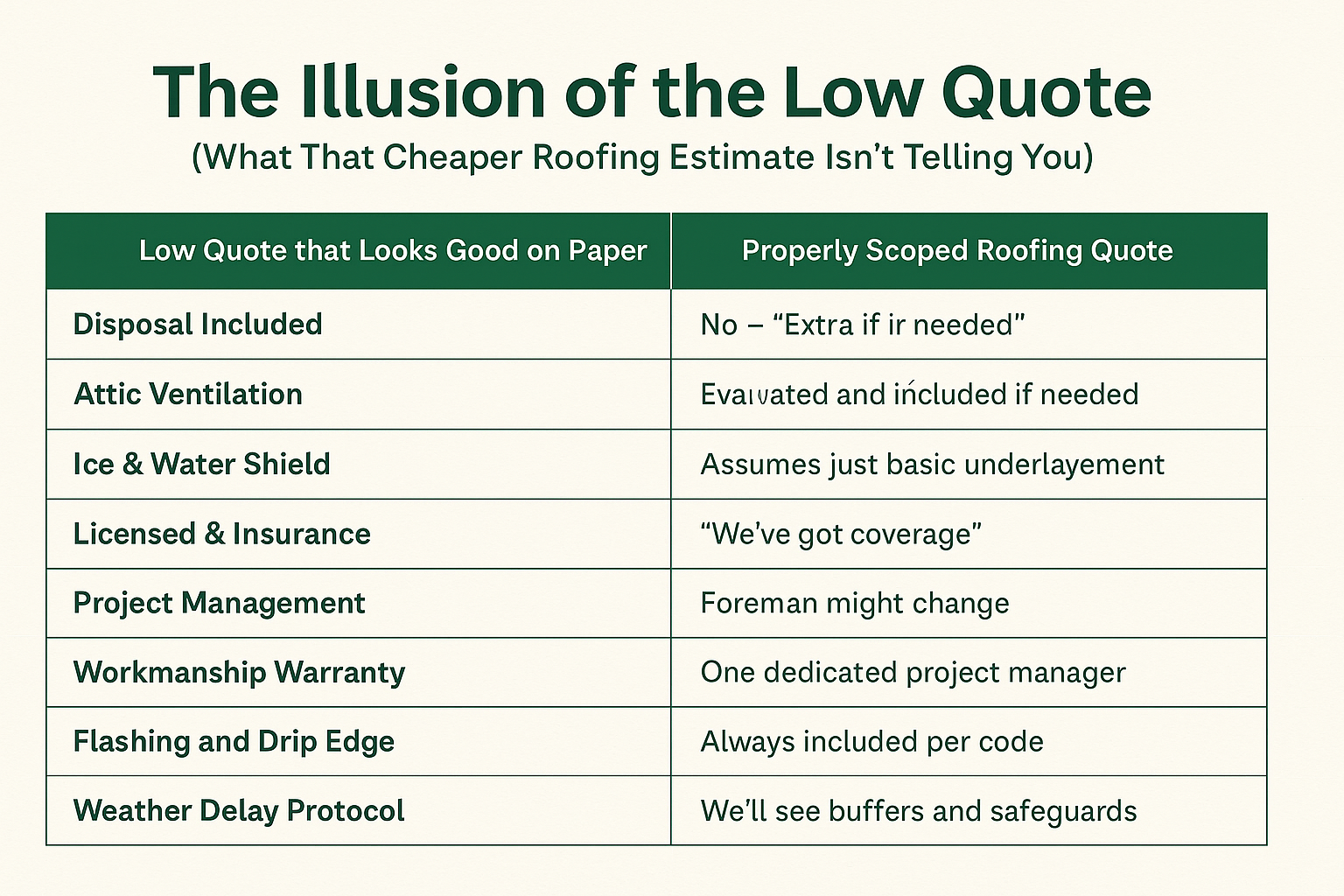 Side-by-side comparison graphic illustrating how low quotes often skip key elements like flashing and cleanup. Helps readers understand what to expect when comparing roof replacement cost estimates.