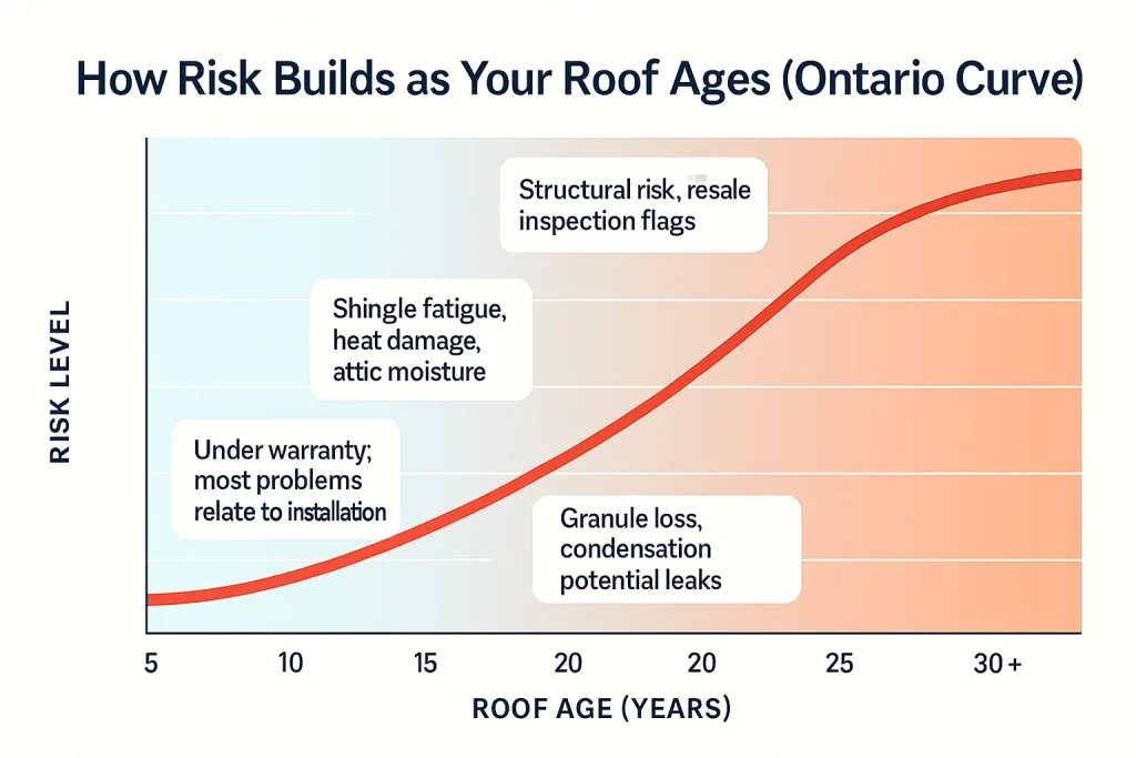 A risk curve chart showing how roofing issues increase with age, helping Ontario homeowners build a proactive roof inspection checklist.
