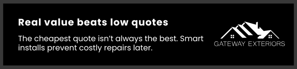 Callout comparing quality roofing installation to cheap quotes that risk future repairs.