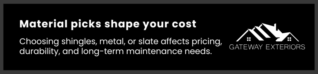 Callout image highlighting how roofing material choices like asphalt or metal affect total project costs.