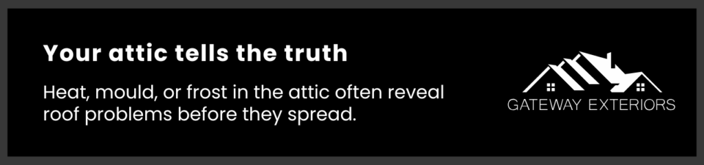 Attic-focused roof inspection callout explaining how poor airflow leads to hidden issues with preventative roof maintenance.