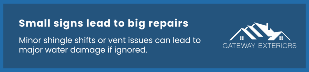 Visual tip showing how roof damage without leaks—like shingle shifts—can grow into major issues.