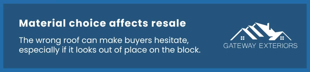 Callout highlighting how roofing materials can affect resale value in established neighbourhoods.