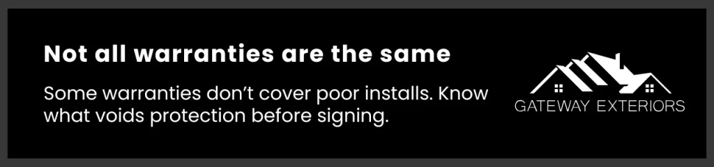 Callout reminding homeowners to confirm roofing warranty terms, including attic access and install coverage.