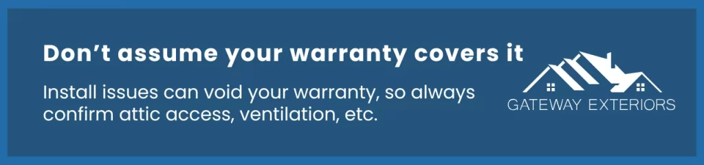 Graphic explaining why ventilation and attic access must be confirmed before a roofing warranty can be honoured.