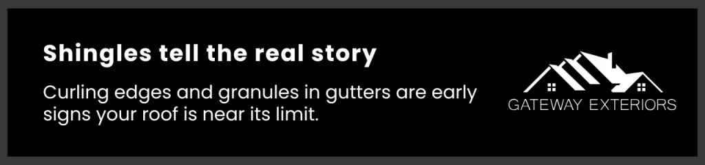 Callout pointing to visible roof wear signs like curling shingles and granule loss common in Ontario roofs.