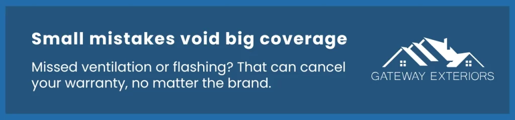 Blue callout highlighting how missed ventilation or flashing can void your warranty. One of the most common what voids a roof warranty scenarios.