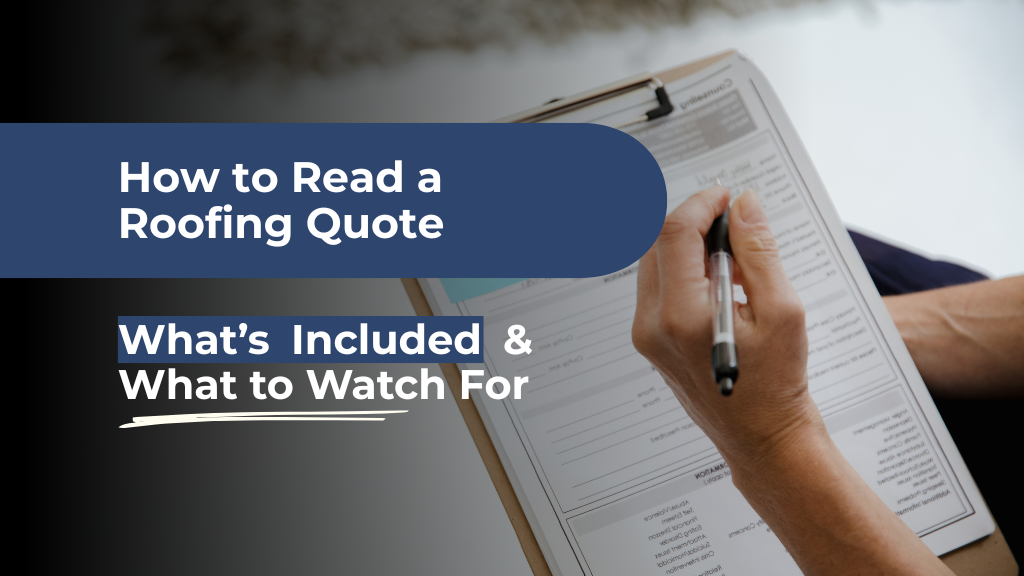 Person reviewing a roofing quote on a clipboard, evaluating details and pricing breakdown