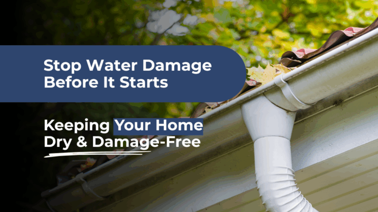 Close-up of a home’s eavestrough and downspout surrounded by fall leaves, used for a Gateway Exteriors blog about preventing water damage and protecting your home.