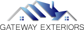 Logo for Gateway Exteriors featuring a stylized blue and gray roof design above the text “Gateway Exteriors.” The roof includes two sloped elements, each with a blue square and a white cross design within.