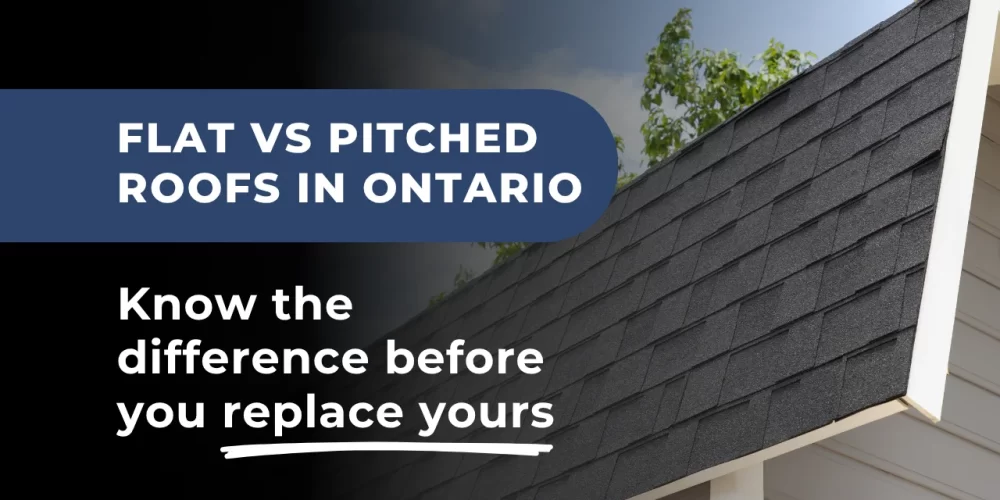 Image showing a pitched asphalt shingle roof under a sunny sky. Highlights the difference between flat vs pitched roofs for Ontario homeowners considering a roofing upgrade.