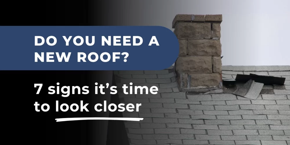 A close-up of damaged shingles on a sloped roof with bold overlay text prompting readers to assess how to tell if you need a new roof in Ontario.